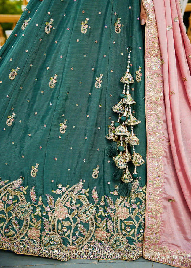 Teal and Pink Embroidered Lehenga Choli