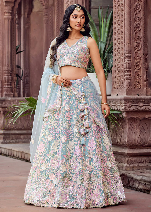 Sky Blue Embroidered Lehenga Choli