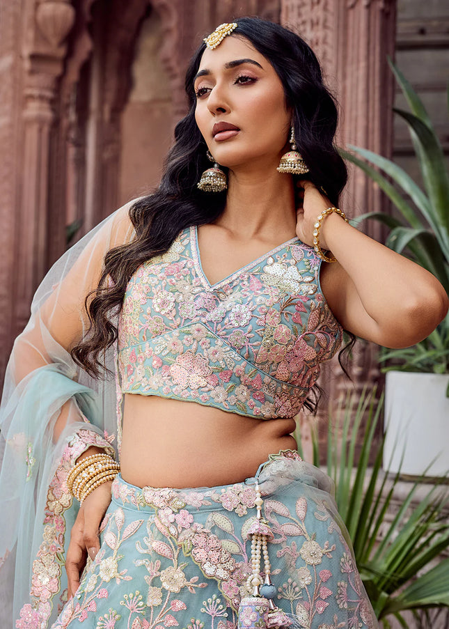 Sky Blue Embroidered Lehenga Choli
