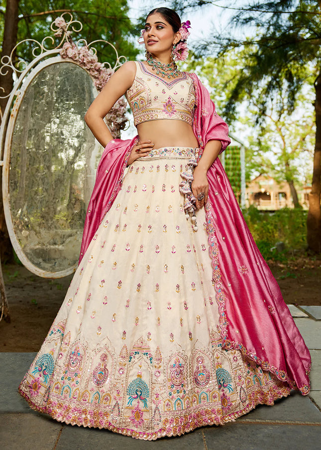 Cream and Pink Embroidered Lehenga Choli