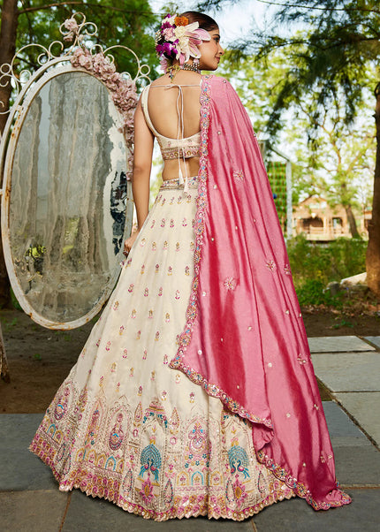 Cream and Pink Embroidered Lehenga Choli