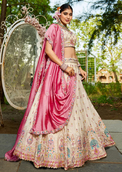 Cream and Pink Embroidered Lehenga Choli