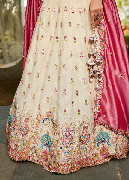 Cream and Pink Embroidered Lehenga Choli