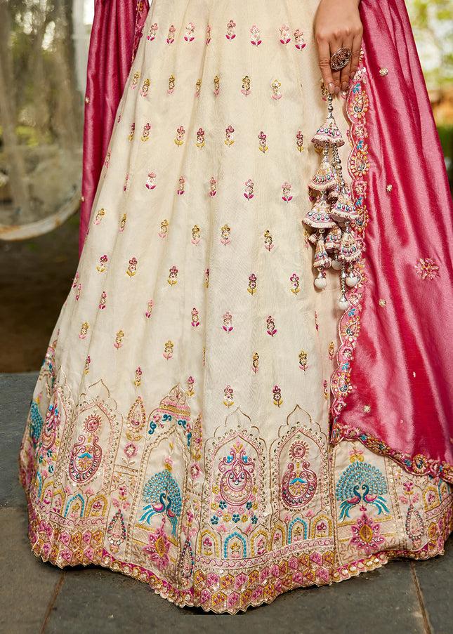 Cream and Pink Embroidered Lehenga Choli