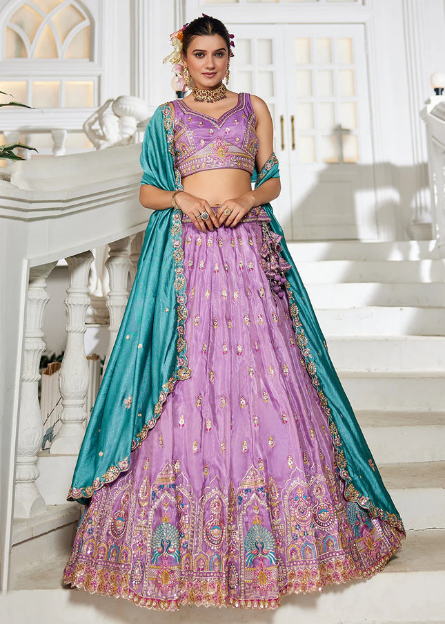 Lavender and Teal Embroidered Lehenga Choli