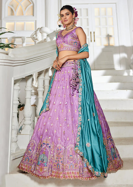 Lavender and Teal Embroidered Lehenga Choli