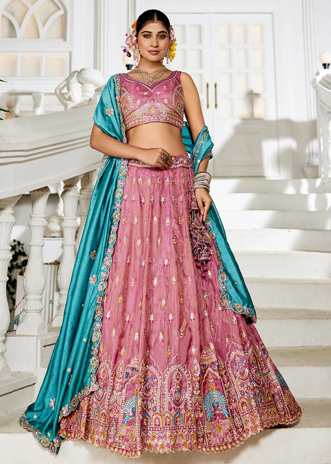 Pink and Teal Embroidered Lehenga Choli