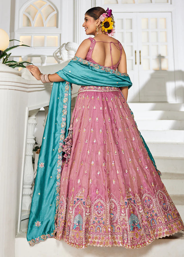Pink and Teal Embroidered Lehenga Choli