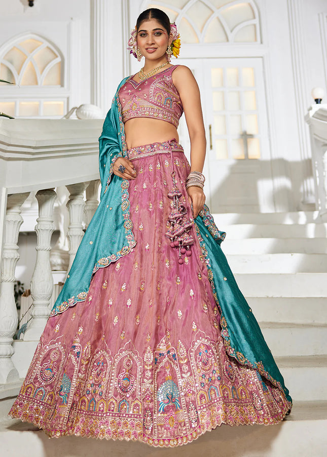 Pink and Teal Embroidered Lehenga Choli