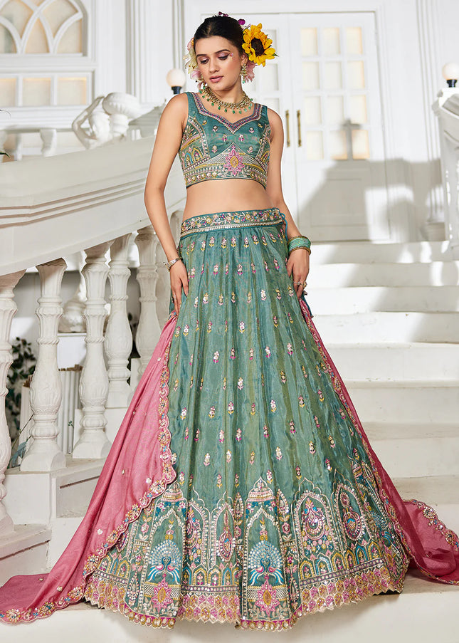 Sea Green and Pink Embroidered Lehenga Choli
