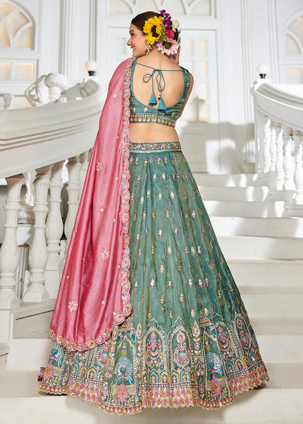 Sea Green and Pink Embroidered Lehenga Choli