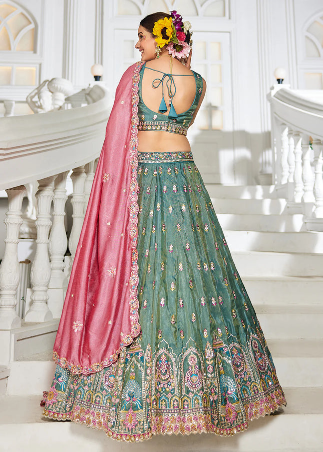 Sea Green and Pink Embroidered Lehenga Choli