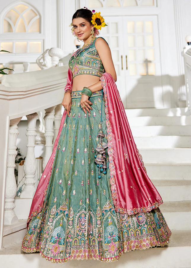 Sea Green and Pink Embroidered Lehenga Choli