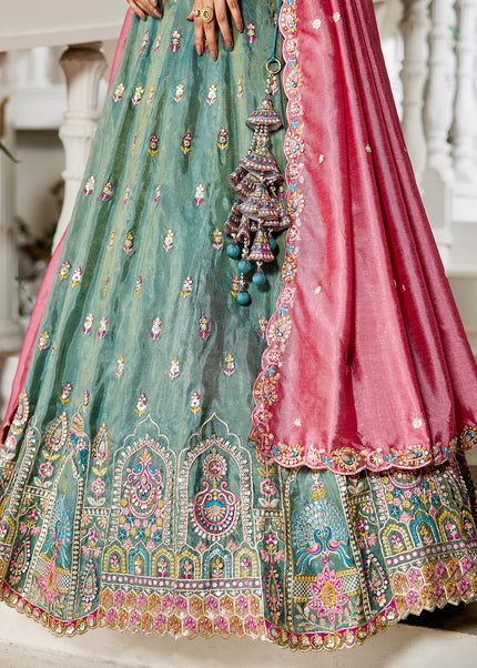 Sea Green and Pink Embroidered Lehenga Choli