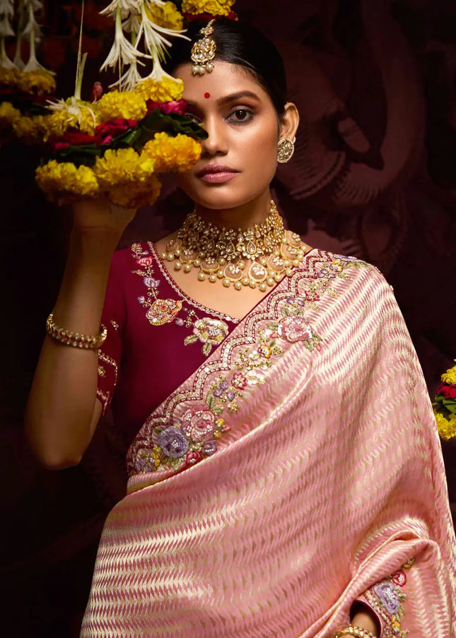 Maroon and Peach Embroidered Wedding Saree