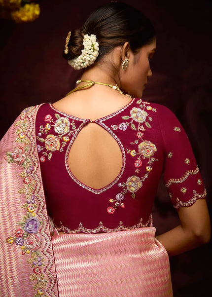 Maroon and Peach Embroidered Wedding Saree