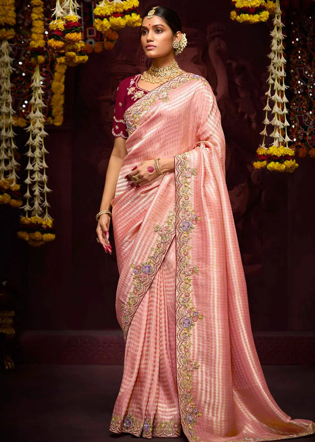 Maroon and Peach Embroidered Wedding Saree