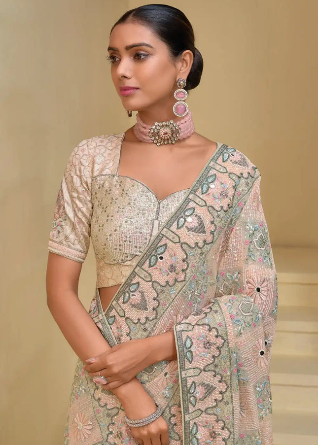 Cream Embroidered Banarasi Tuscany Saree