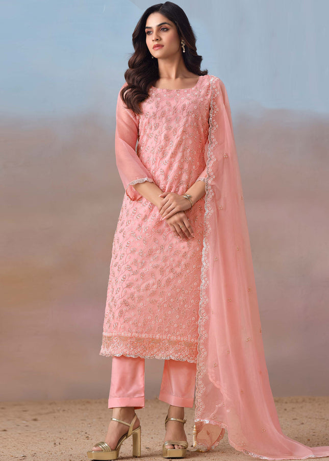 Peach Embroidered Pant Suit