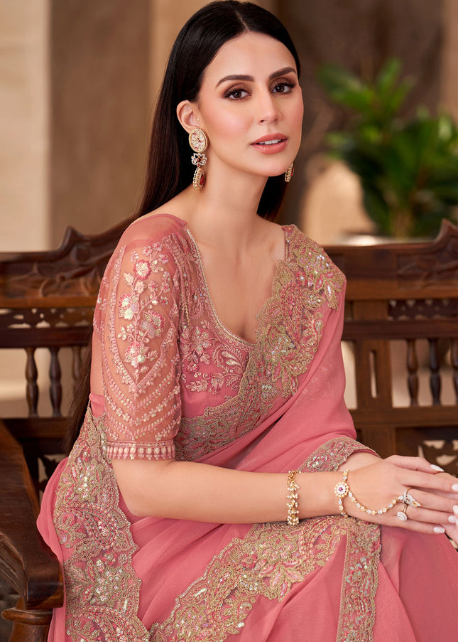 Peach Embroidered Saree