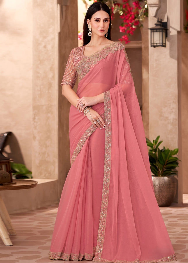 Peach Embroidered Saree