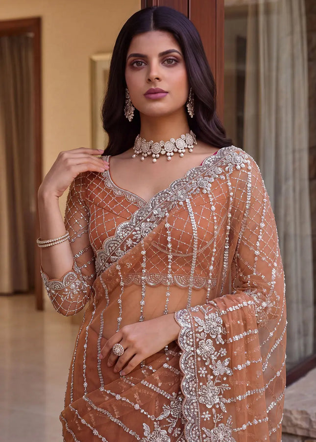 Peach Embroidered Saree