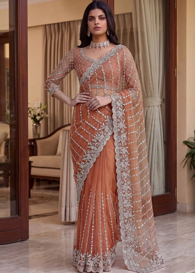Peach Embroidered Saree