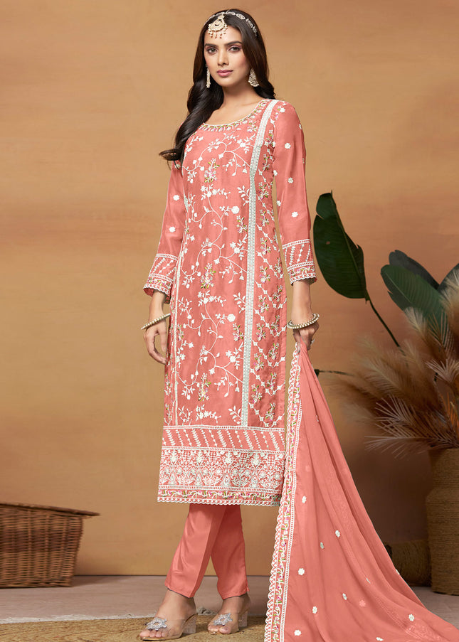 Peach Embroidered Pant Style Suit