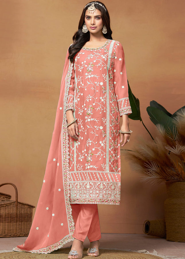 Peach Embroidered Pant Style Suit