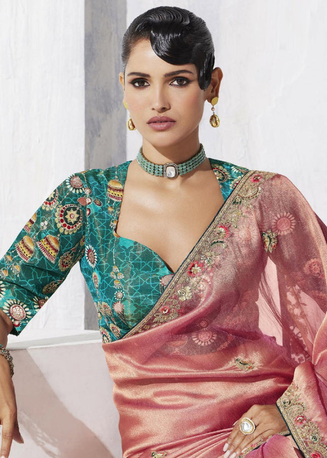 Peach Embroidered Festive Saree
