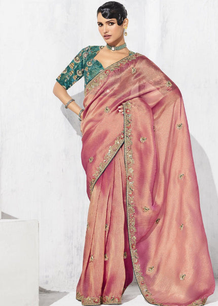 Peach Embroidered Festive Saree