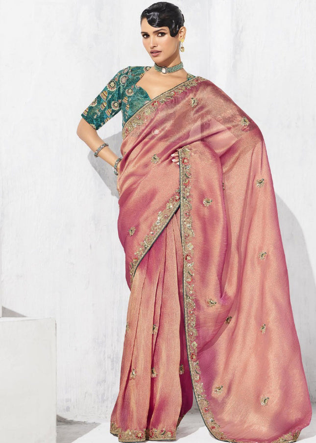 Peach Embroidered Festive Saree