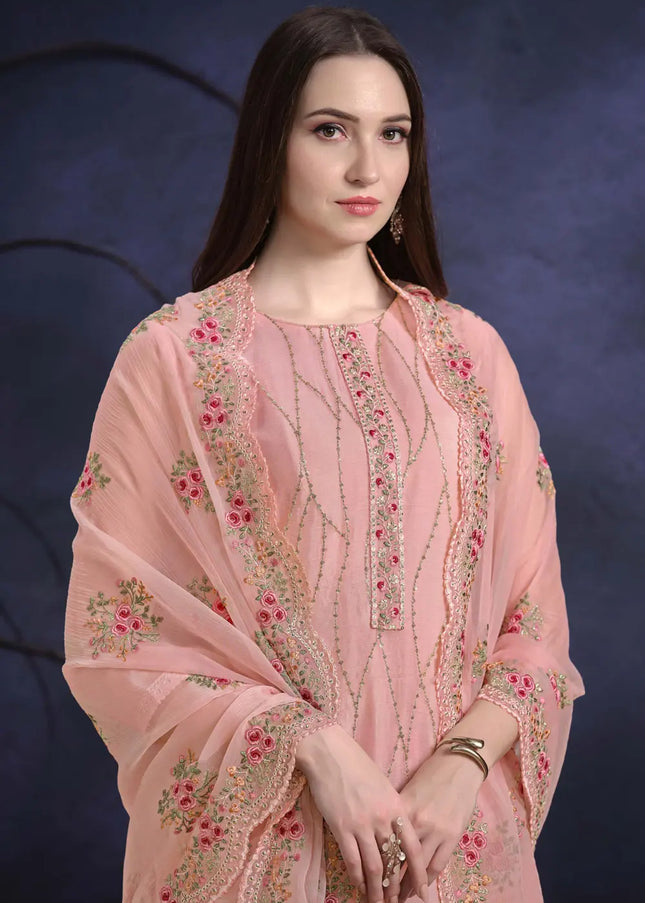 Peach Embroidered Pant Suit