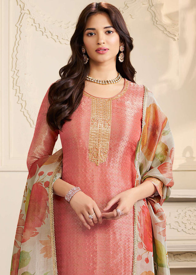 Peach Printed and Embroidered Pant Suit