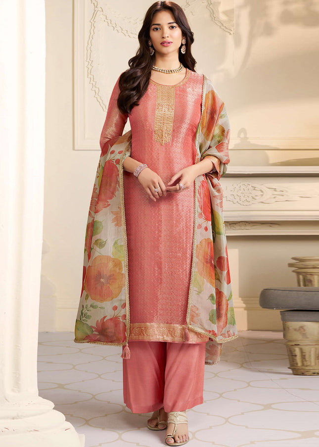 Peach Printed and Embroidered Pant Suit