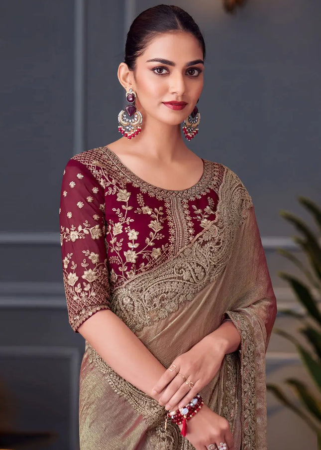 Peach and Maroon Embroidered Saree