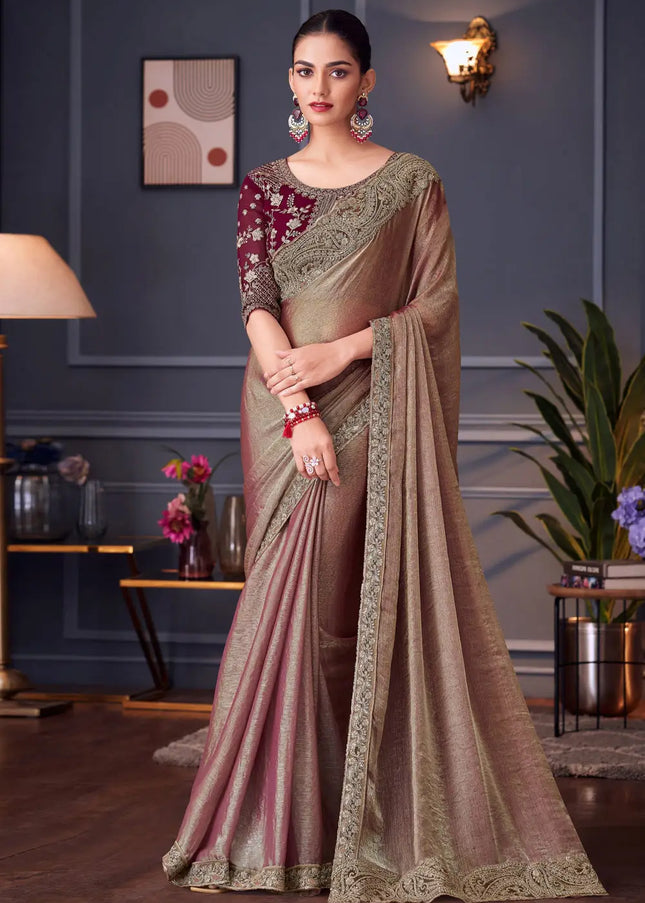 Peach and Maroon Embroidered Saree