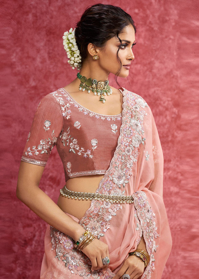 Peach Embroidered Wedding Saree