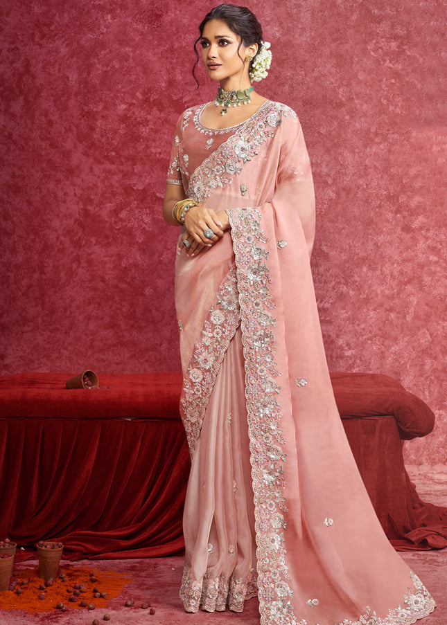 Peach Embroidered Wedding Saree