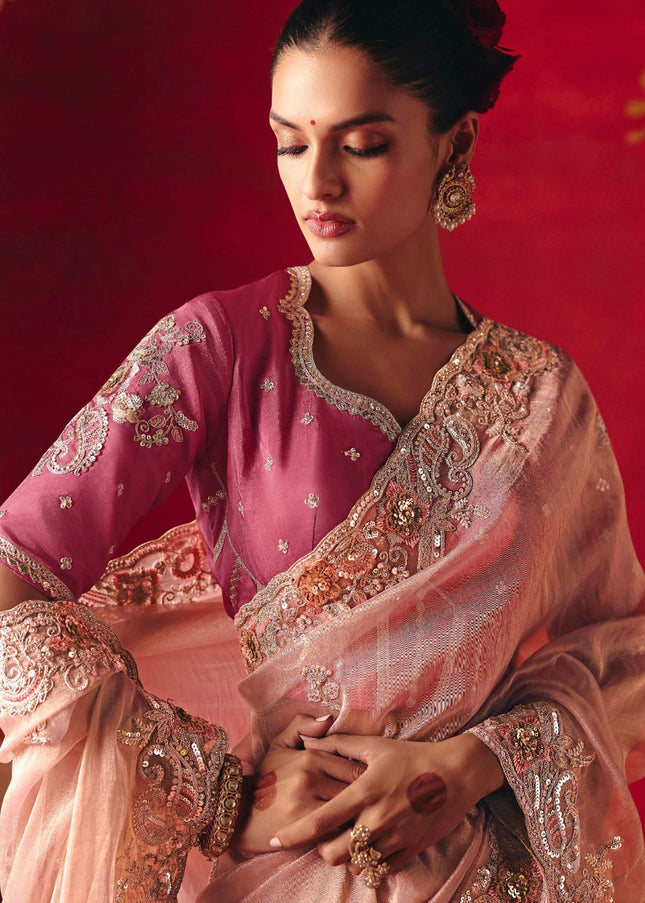 Peach and Pink Embroidered Festive Saree