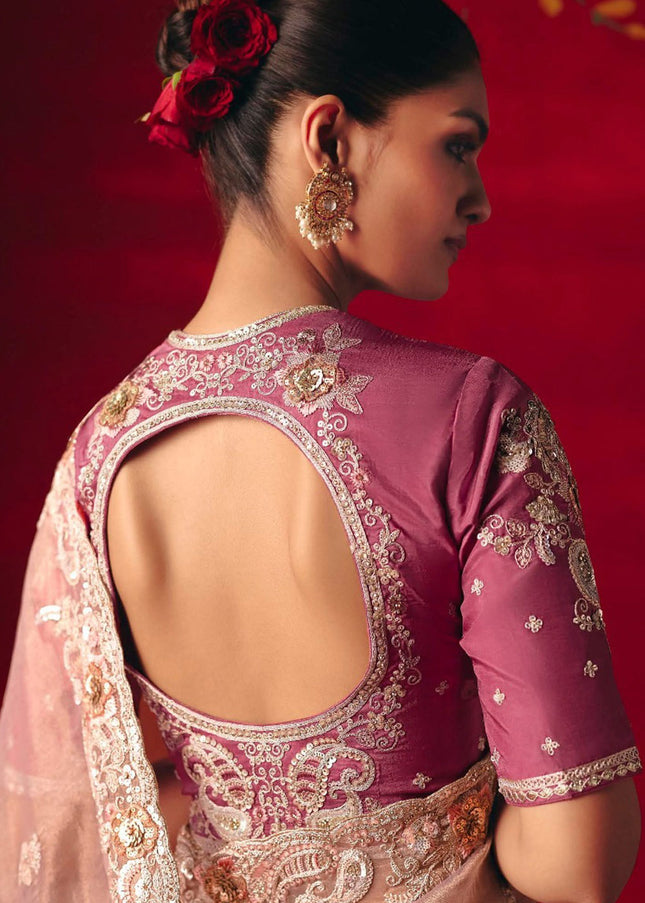 Peach and Pink Embroidered Festive Saree