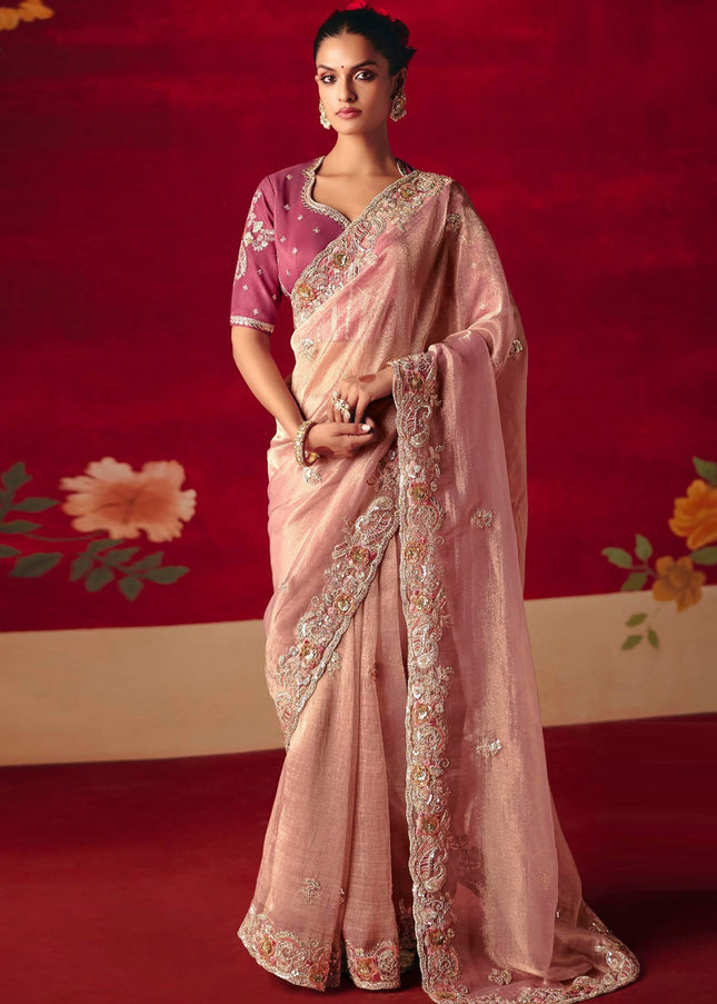 Peach and Pink Embroidered Festive Saree