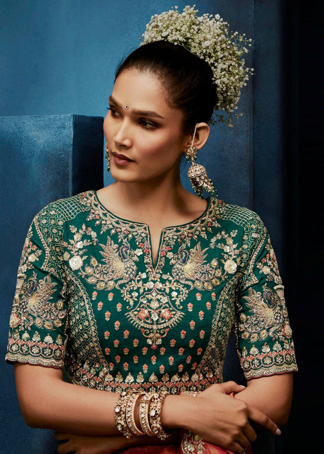 Orange and Green Embroidered Festive Saree