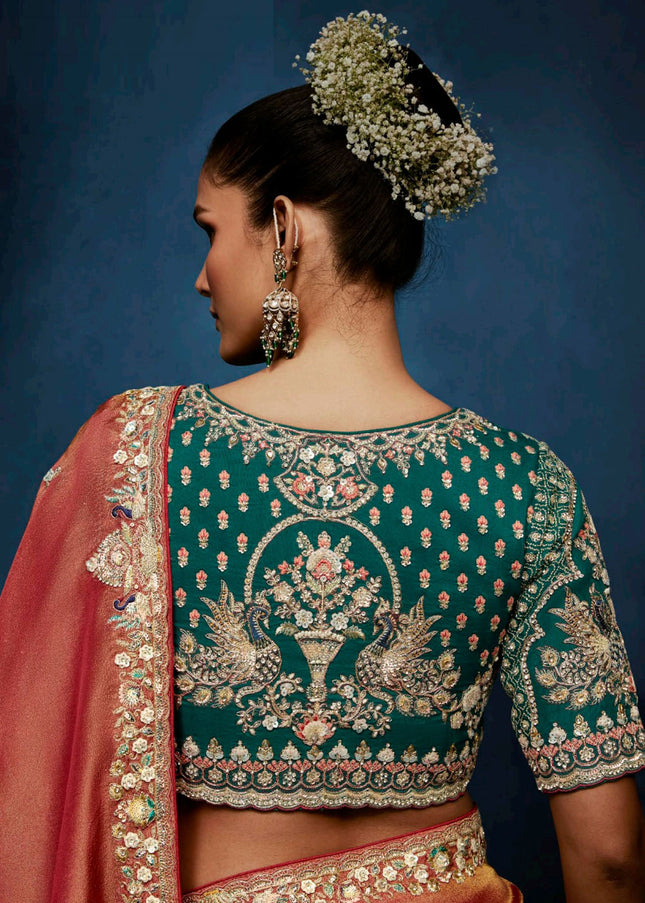 Orange and Green Embroidered Festive Saree