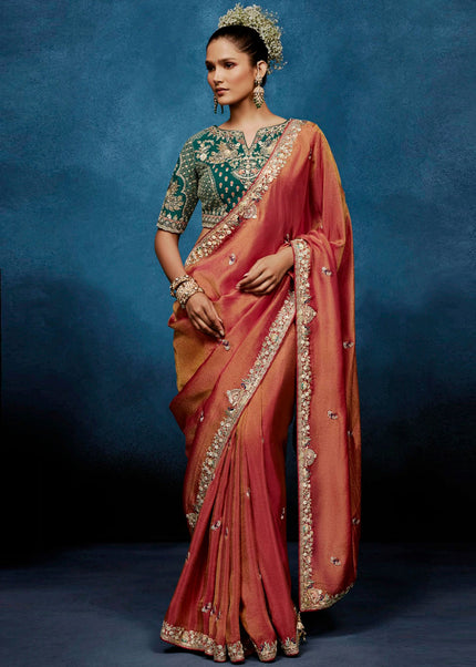 Orange and Green Embroidered Festive Saree
