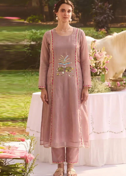 Mauve Embroidered Pant Suit