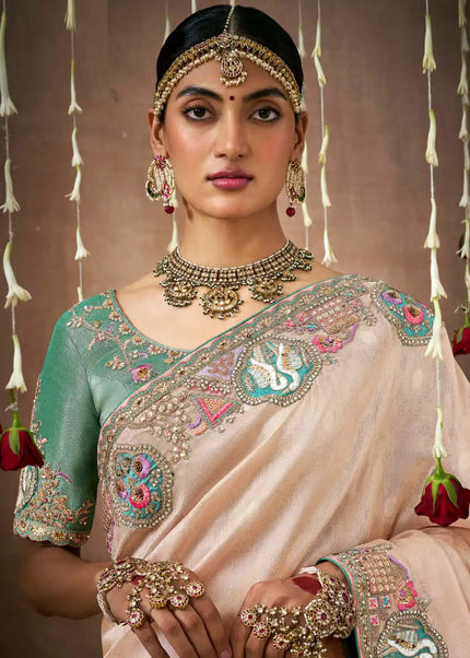 Peach and Sea Green Embroidered Wedding Saree