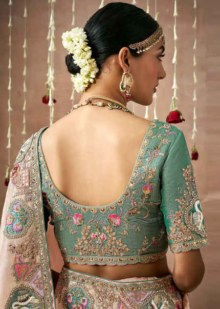 Peach and Sea Green Embroidered Wedding Saree