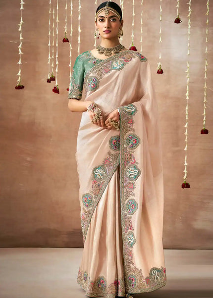 Peach and Sea Green Embroidered Wedding Saree