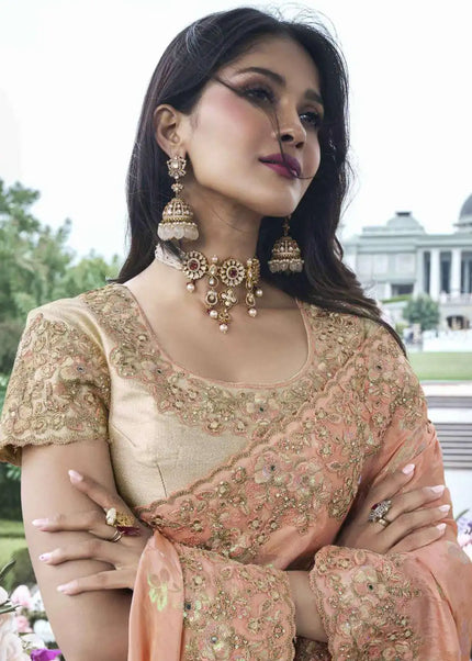 Peach and Gold Embroidered Wedding Saree